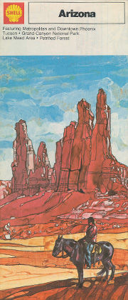 Arizona map cover with Indian on horse in front of red rocks