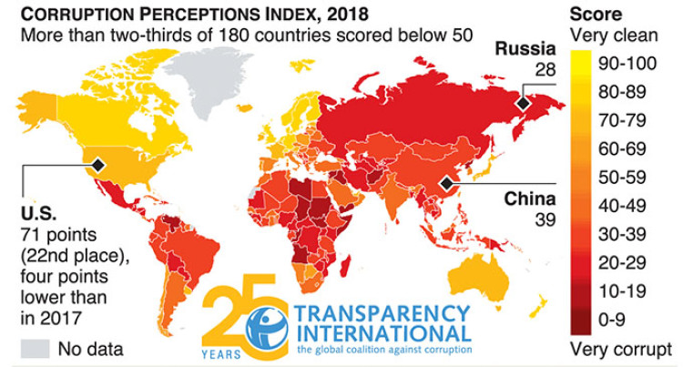 Corruption Percepptions Index 2018 United States Map