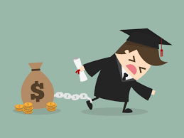 college student chained by a a bag of money /