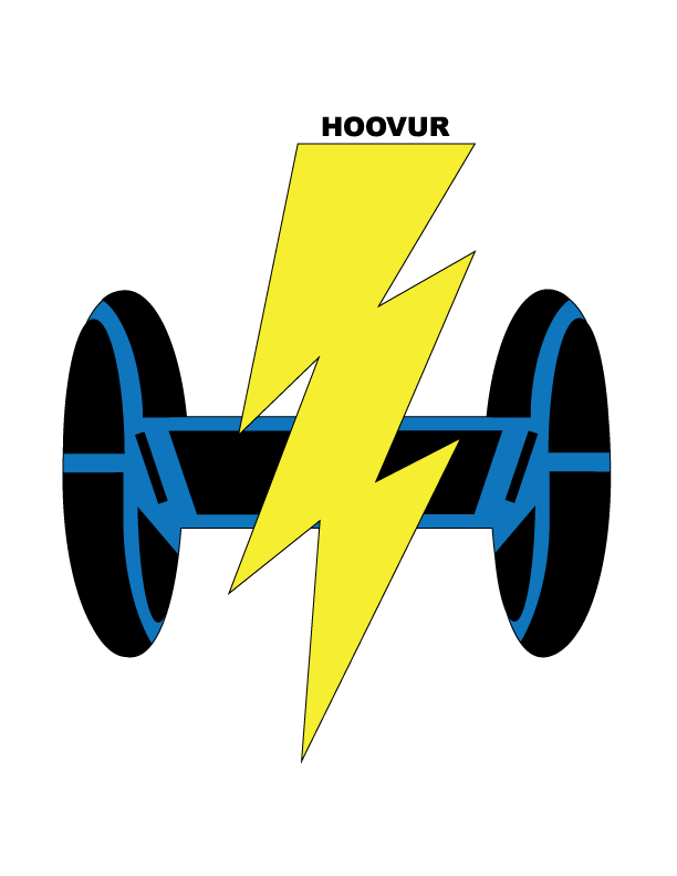 Hoovur Logo with a yellow lightning bolt in front of a black and blue hoverboard