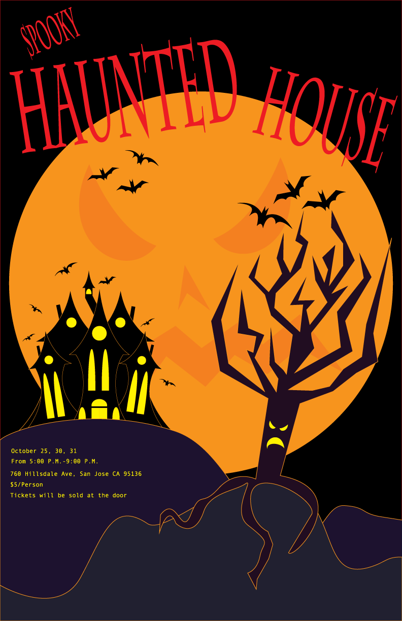 Spooky Haunted House Poster taking place on October 25, 30, 31 from 5:00 p.m. to 9:00 p.m. address is given and it is five dollars per person and tickets are sold at the door
